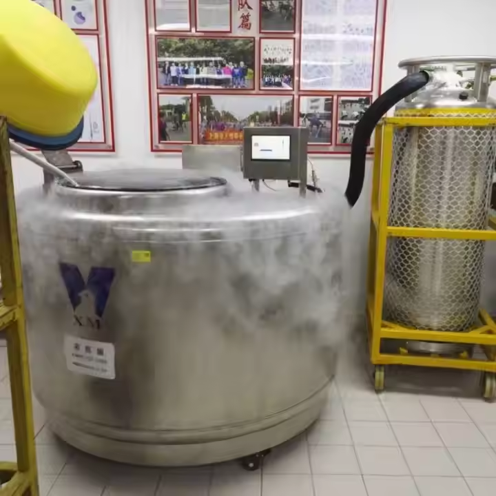 使用液氮罐凍存，外部結霜